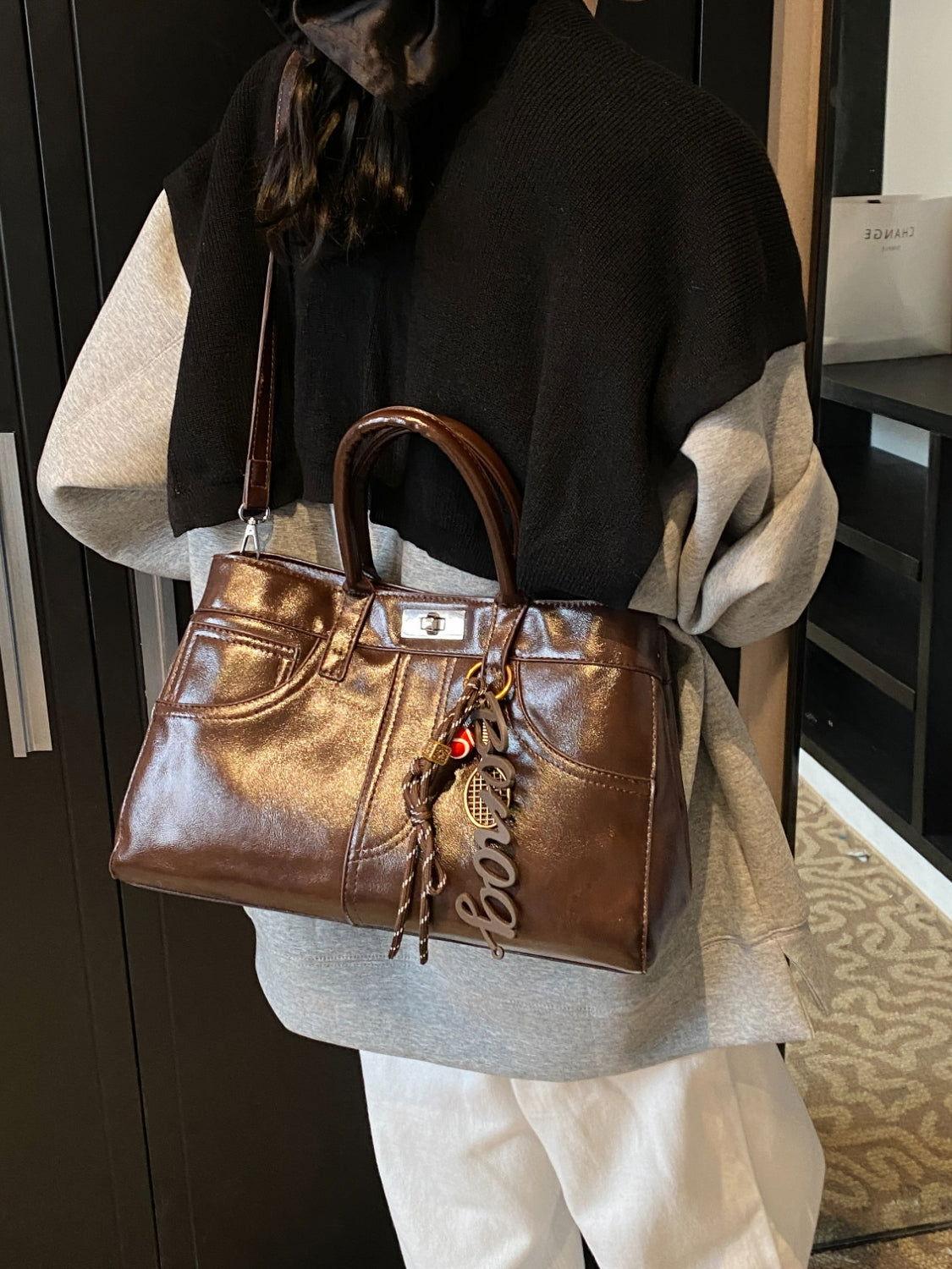PU Leather Handbag with Pendant - Clothes For Her Online Store