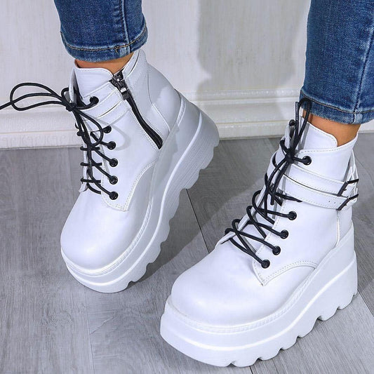 PU Leather Lace-Up Wedge Boots - Clothes For Her Online Store