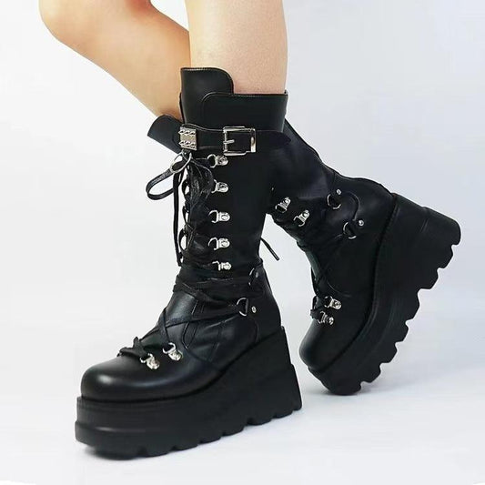 PU Leather Lace Up Wedge Boots - Clothes For Her Online Store
