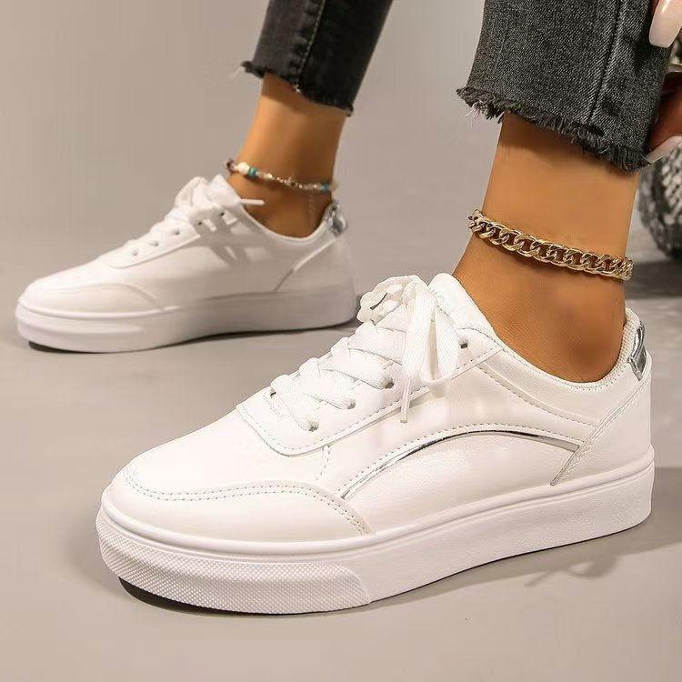 PU Leather Round Toe Flat Sneakers - Clothes For Her Online Store