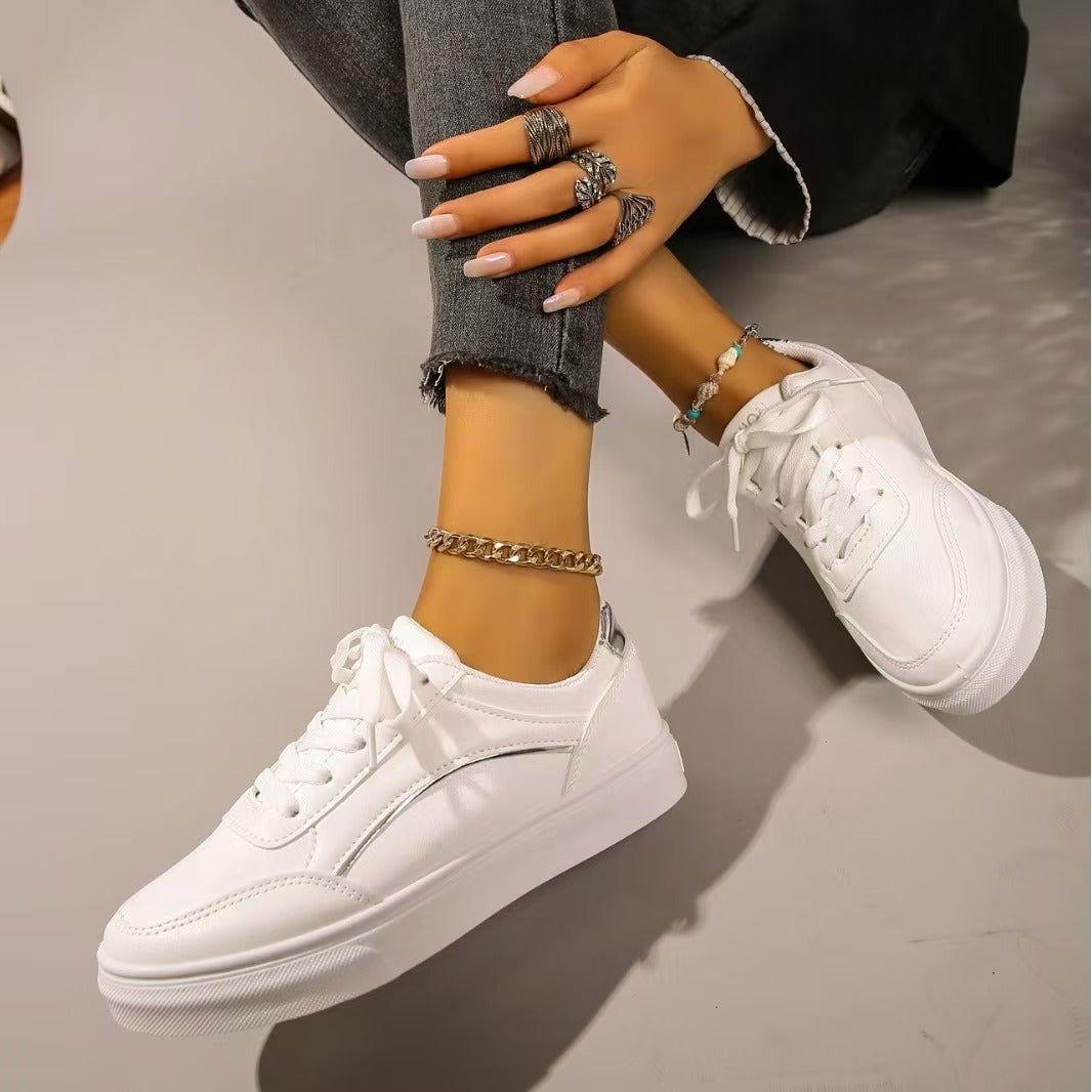 PU Leather Round Toe Flat Sneakers - Clothes For Her Online Store