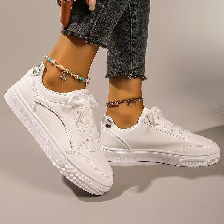 PU Leather Round Toe Flat Sneakers - Clothes For Her Online Store