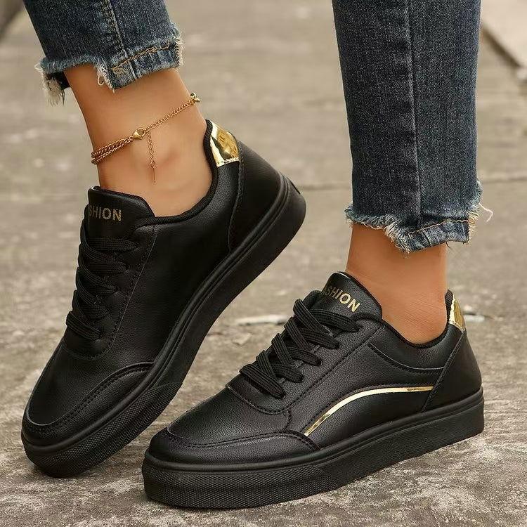 PU Leather Round Toe Flat Sneakers - Clothes For Her Online Store
