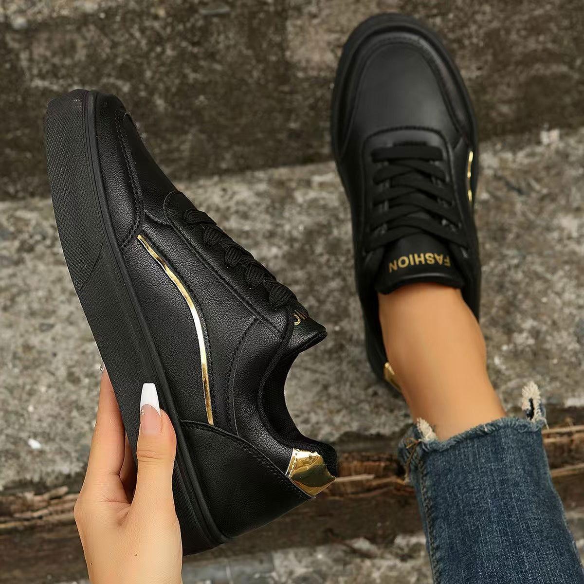 PU Leather Round Toe Flat Sneakers - Clothes For Her Online Store