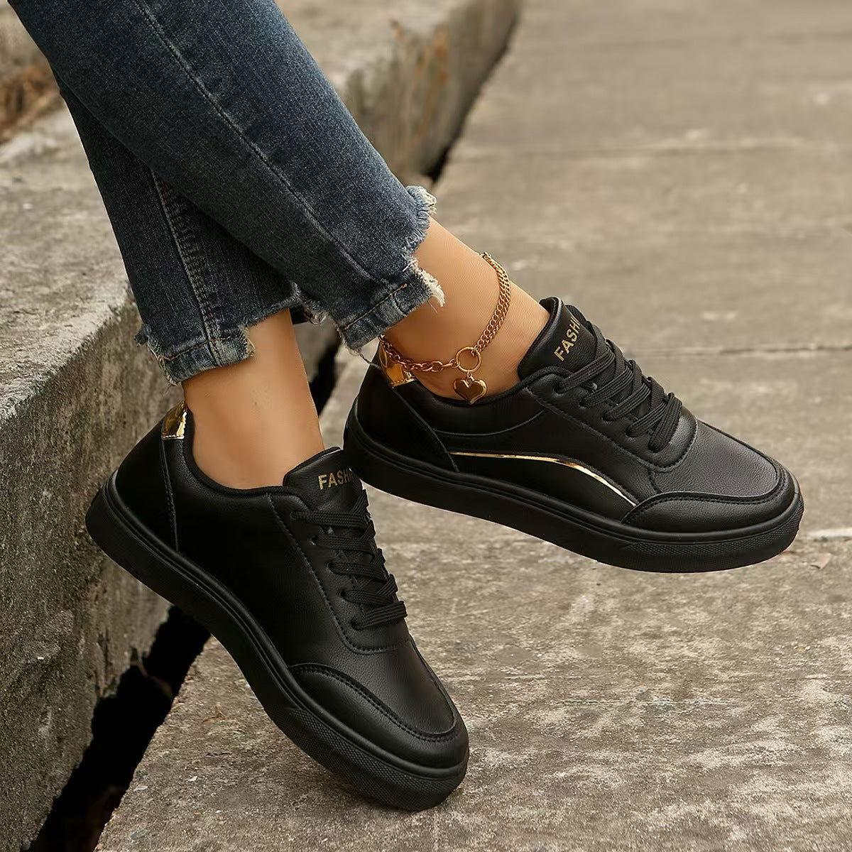 PU Leather Round Toe Flat Sneakers - Clothes For Her Online Store