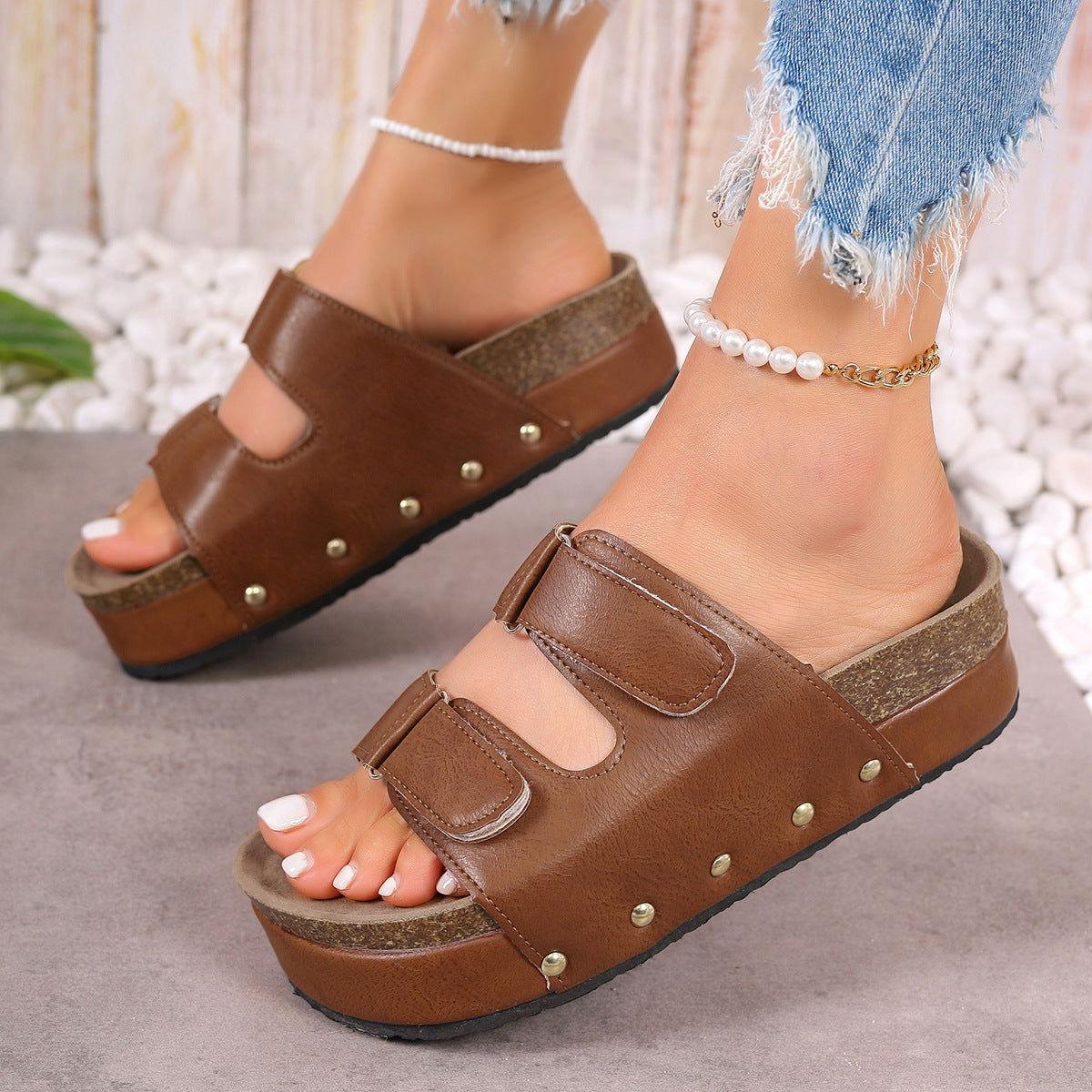 PU Leather Studded Platform Sandals - Clothes For Her Online Store