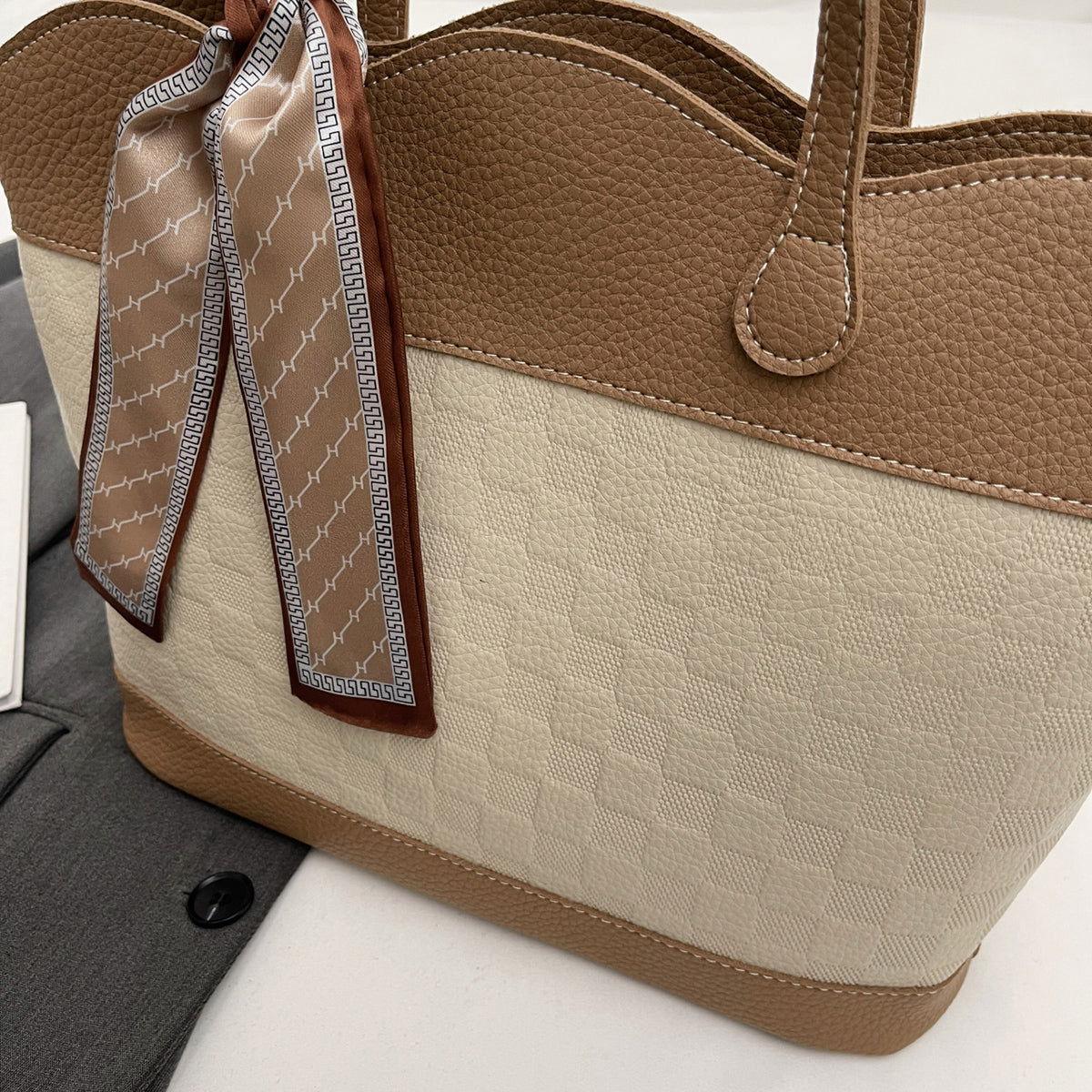 PU Leather Tied Contrast Tote Bag - Clothes For Her Online Store
