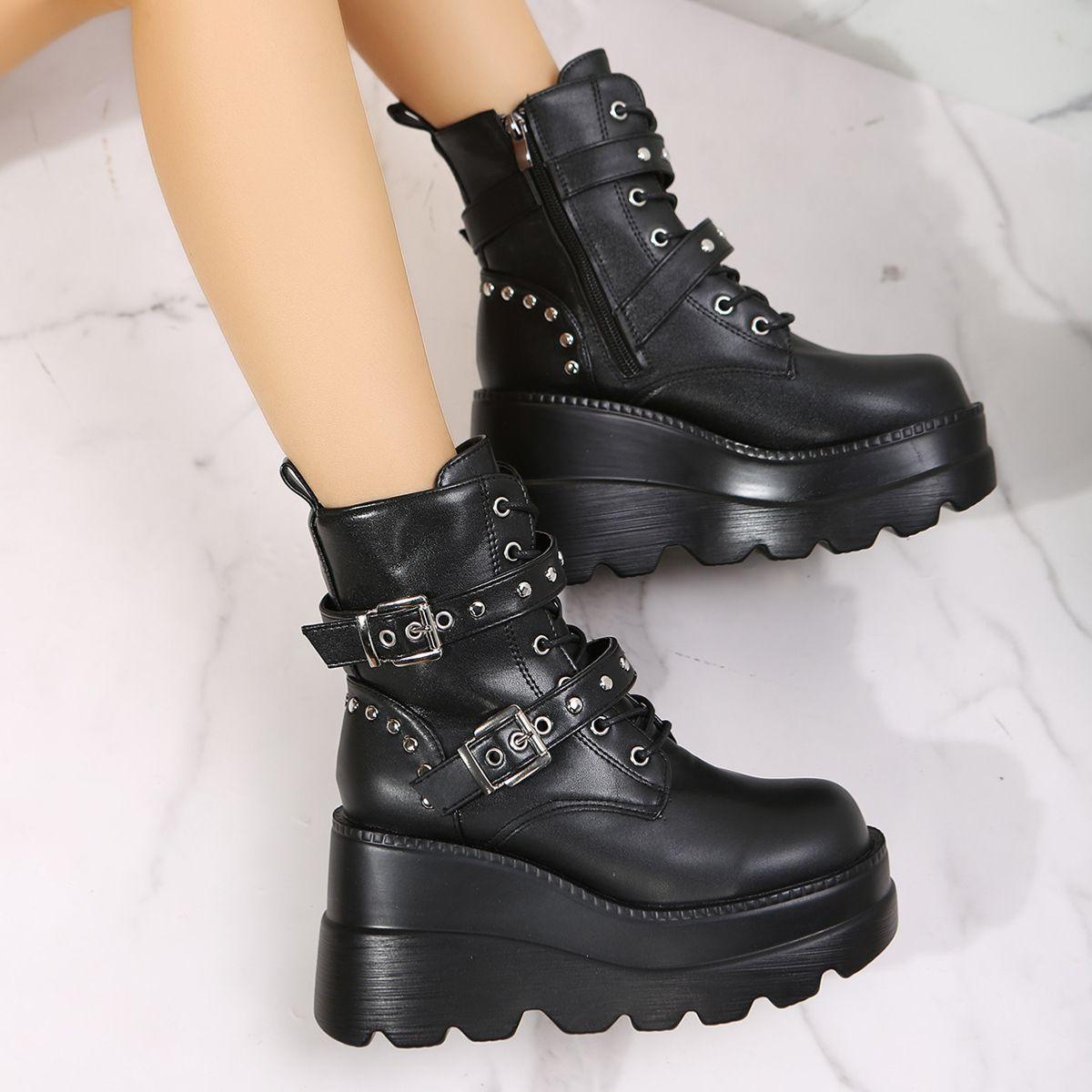 PU Leather Wedge Boots with Side Zip - Clothes For Her Online Store