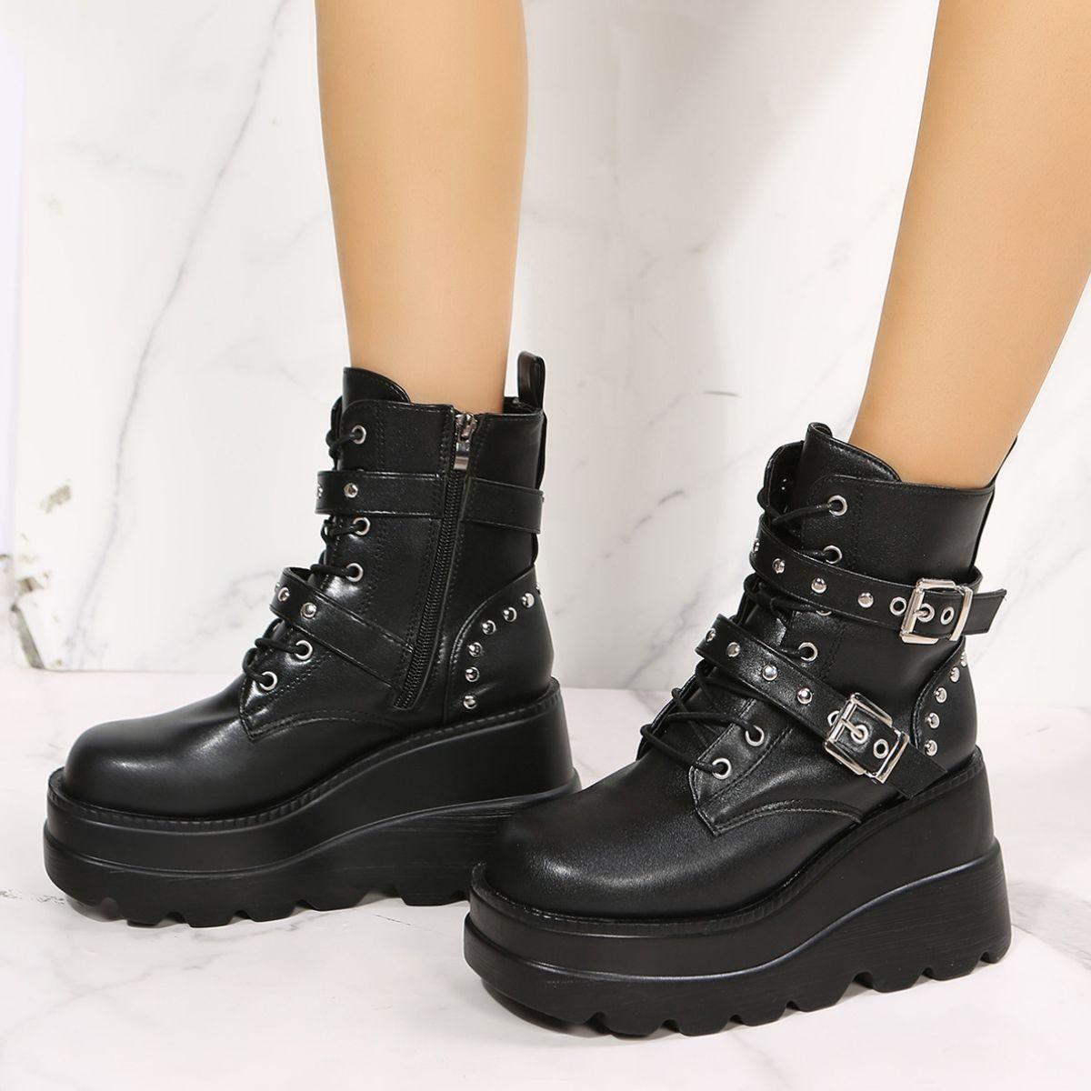 PU Leather Wedge Boots with Side Zip - Clothes For Her Online Store