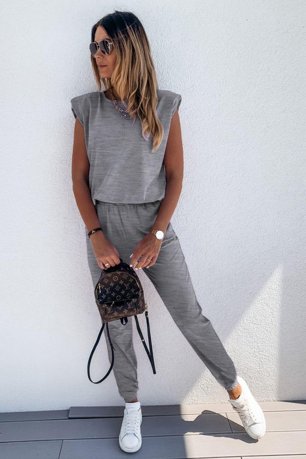 Padded Shoulder Top and Joggers Lounge Set - Clothes For Her Online Store