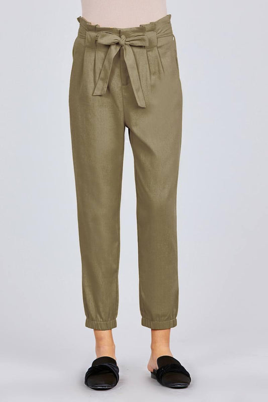 Paperbag W/bow Tie Elastic Hem Long Linen Pants - Clothes For Her Online Store