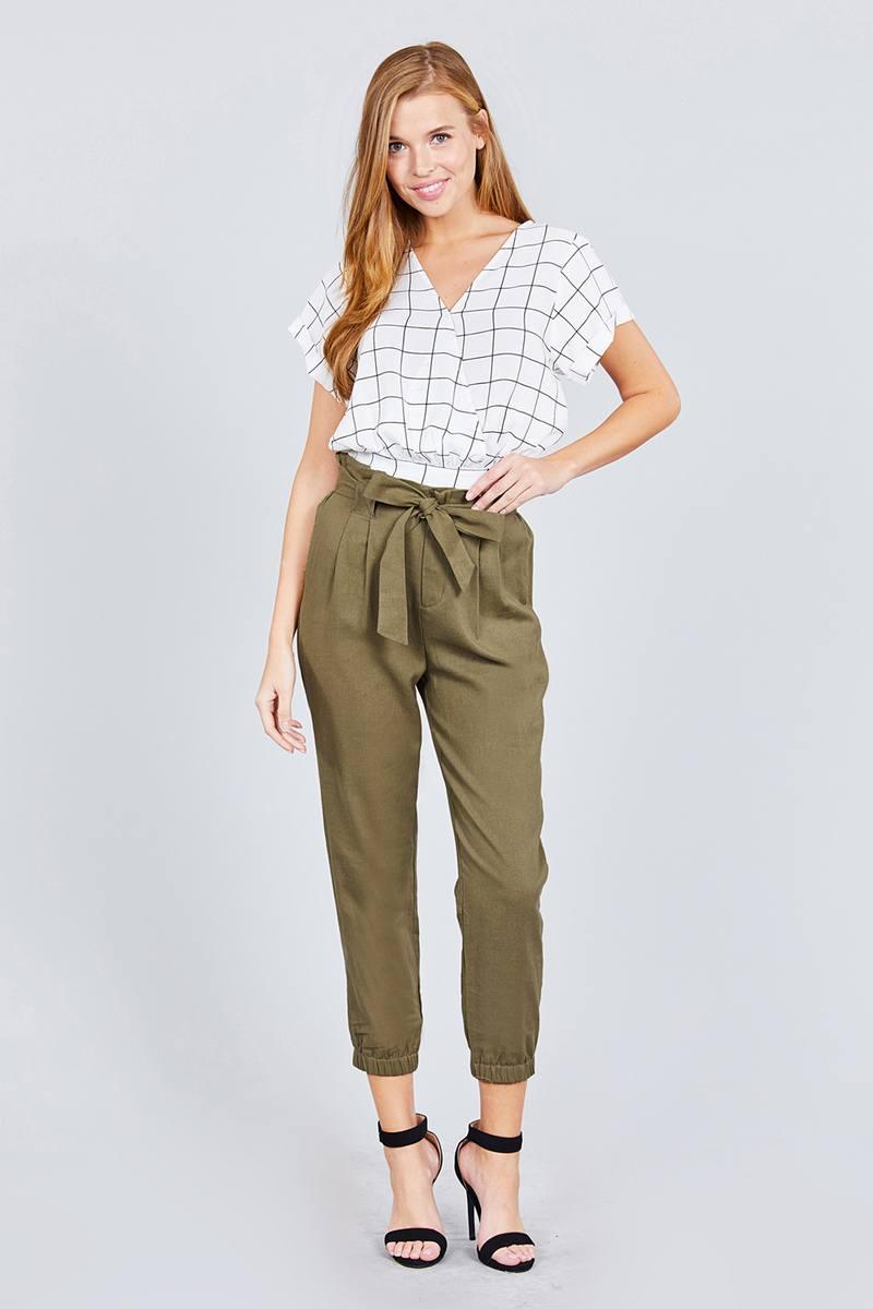 Paperbag W/bow Tie Elastic Hem Long Linen Pants - Clothes For Her Online Store