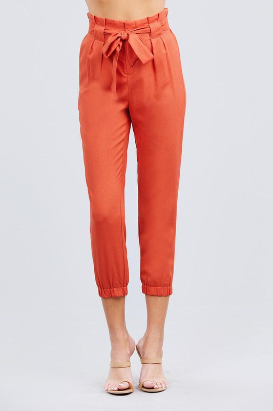 Paperbag W/bow Tie Elastic Hem Long Linen Pants - Clothes For Her Online Store