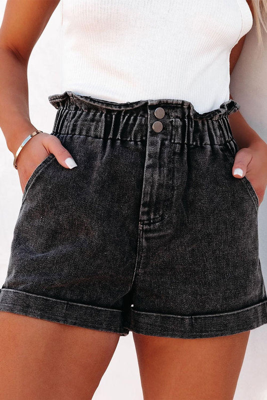 Paperbag Waist Denim Shorts with Pockets - Clothes For Her Online Store
