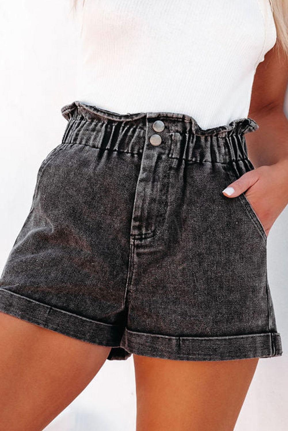 Paperbag Waist Denim Shorts with Pockets - Clothes For Her Online Store