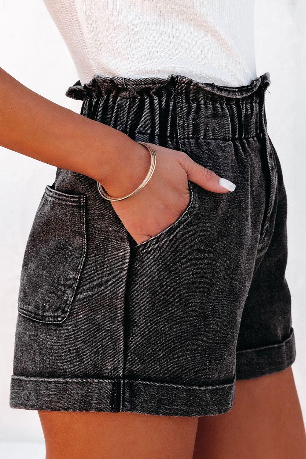 Paperbag Waist Denim Shorts with Pockets - Clothes For Her Online Store