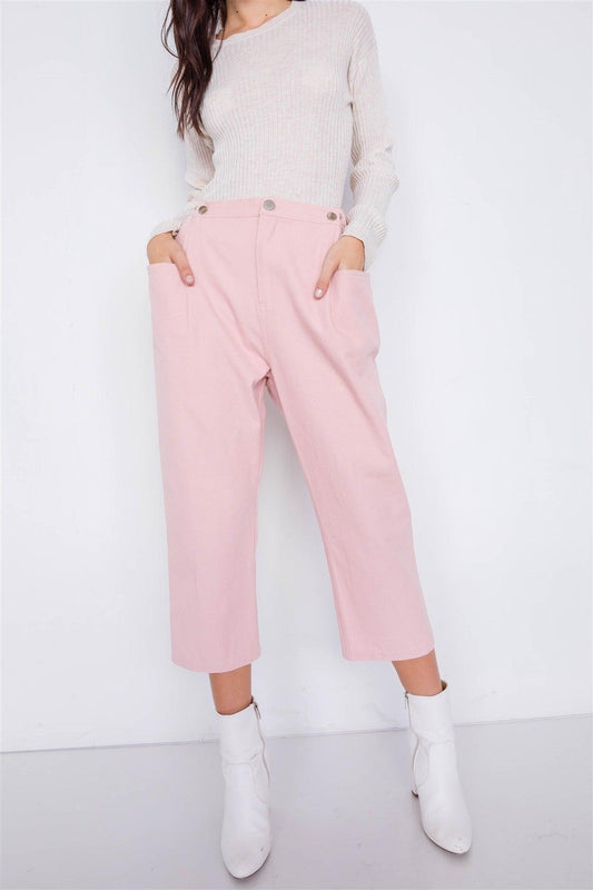 Pastel Chic Solid Ankle Wide Leg Adjustable Snap Waist Pants - Clothes For Her Online Store