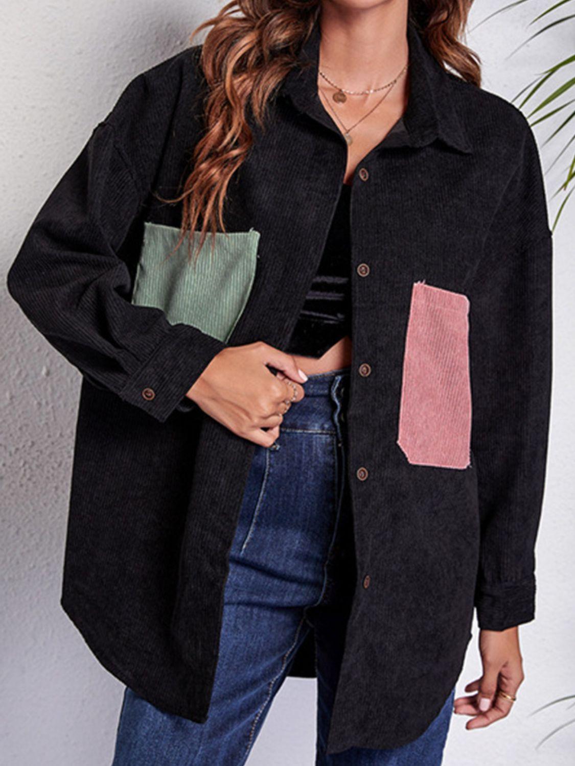 Patch Pocket Dropped Shoulder Shirt Jacket - Clothes For Her Online Store