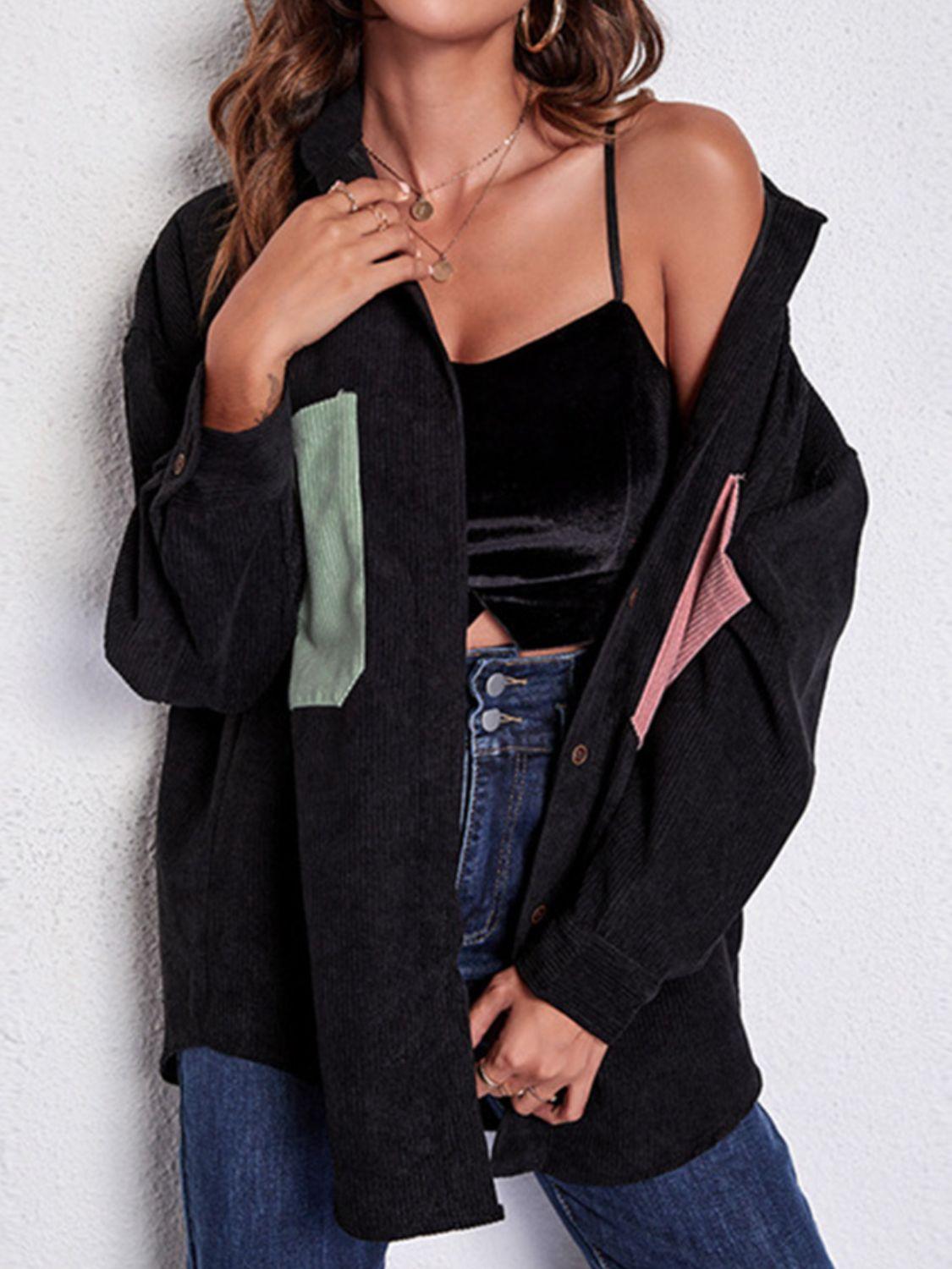 Patch Pocket Dropped Shoulder Shirt Jacket - Clothes For Her Online Store