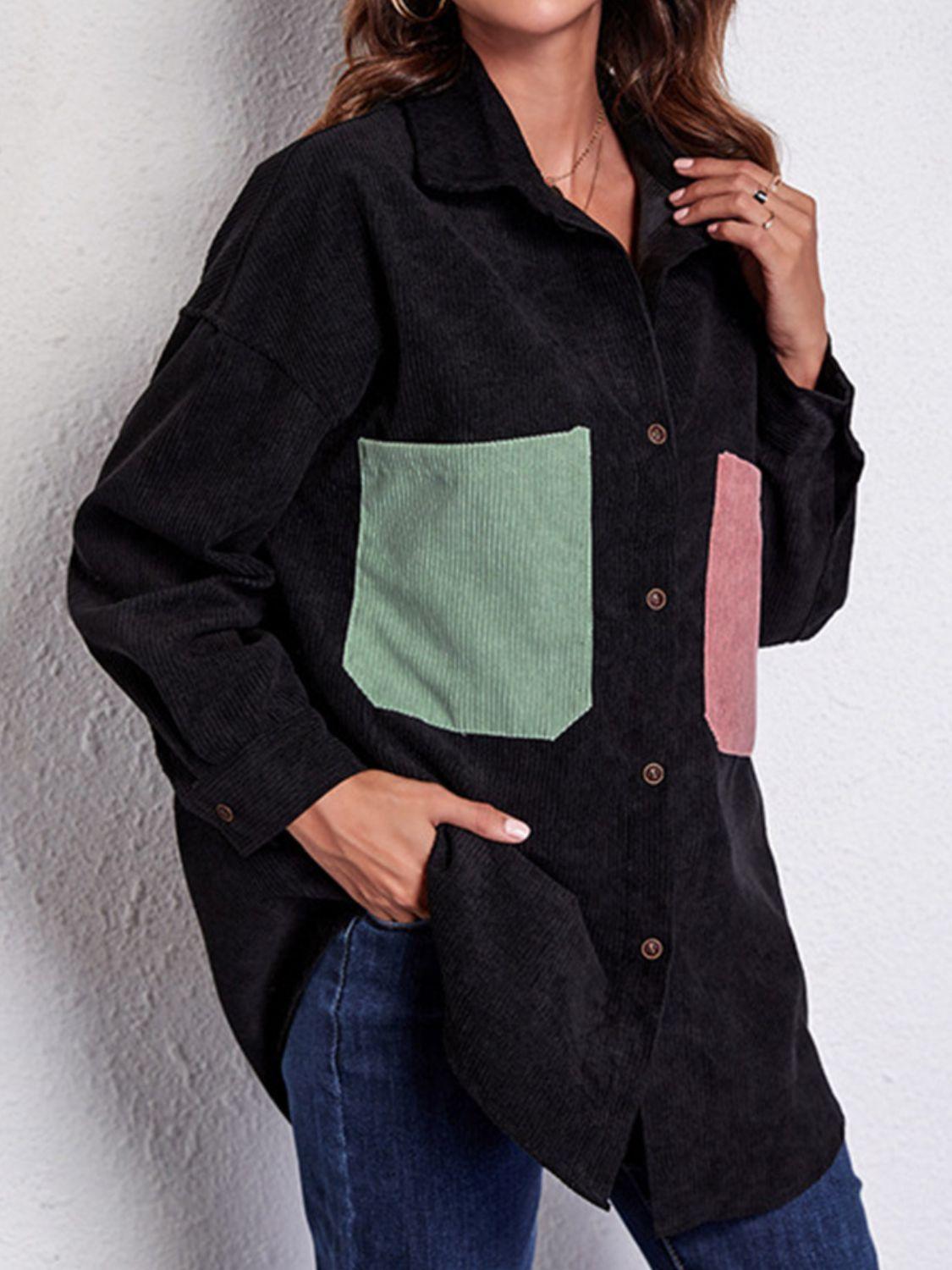 Patch Pocket Dropped Shoulder Shirt Jacket - Clothes For Her Online Store
