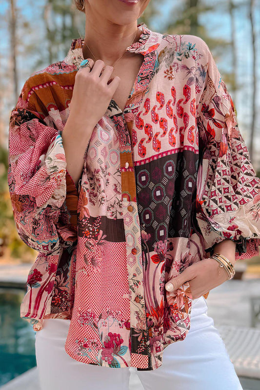 Patchwork Printed Notched Flounce Sleeve Shirt - Clothes For Her Online Store