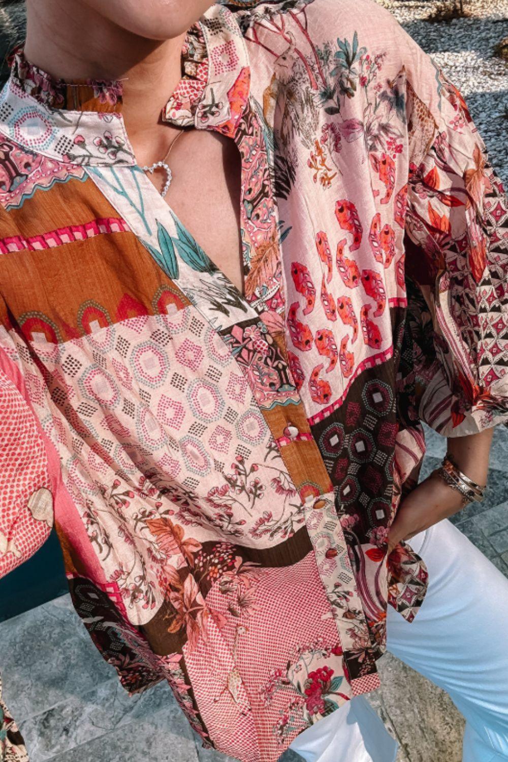 Patchwork Printed Notched Flounce Sleeve Shirt - Clothes For Her Online Store