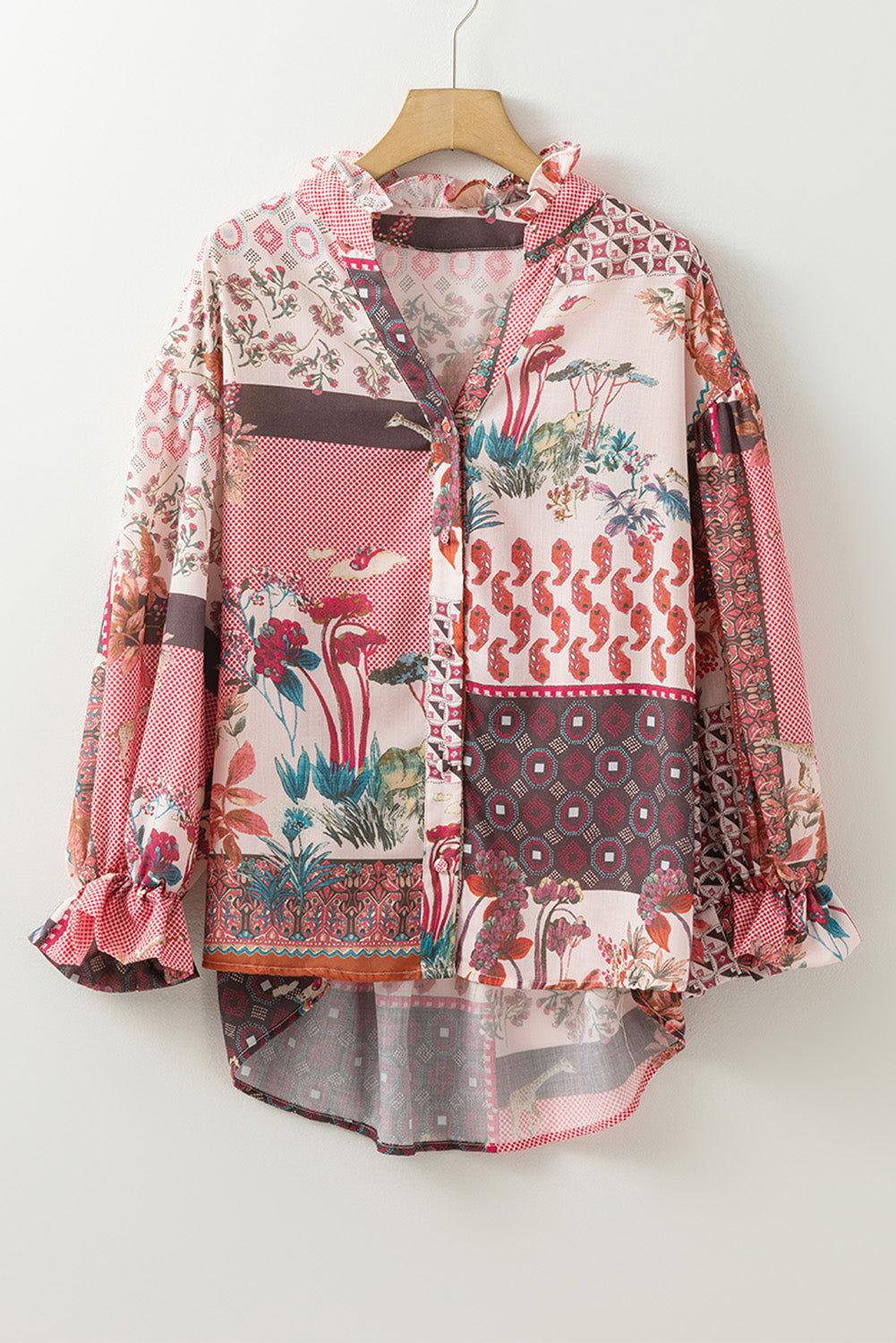 Patchwork Printed Notched Flounce Sleeve Shirt - Clothes For Her Online Store