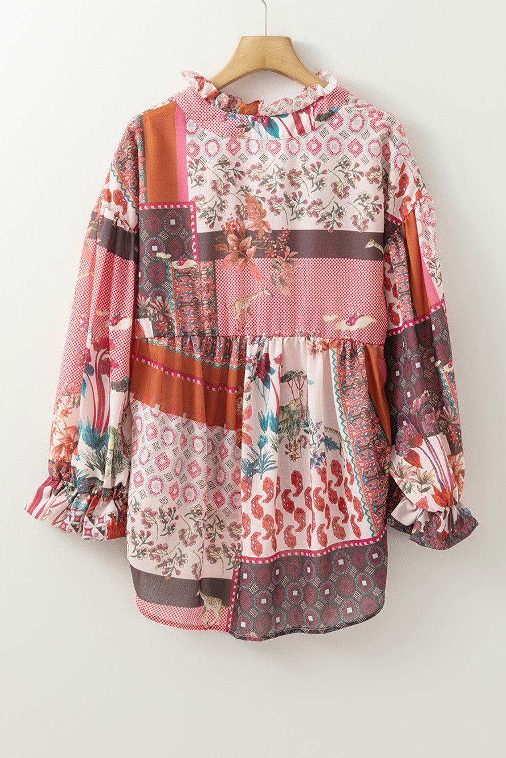 Patchwork Printed Notched Flounce Sleeve Shirt - Clothes For Her Online Store