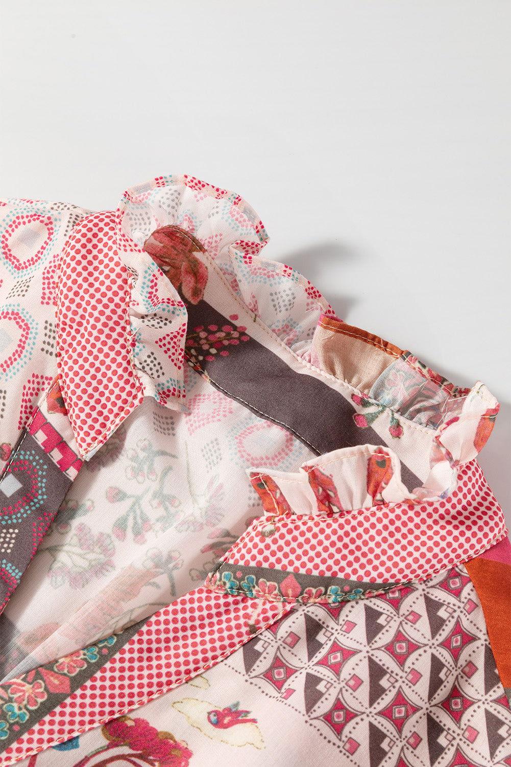 Patchwork Printed Notched Flounce Sleeve Shirt - Clothes For Her Online Store