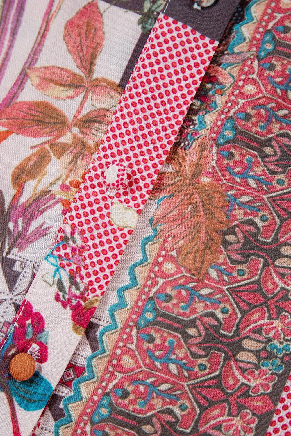 Patchwork Printed Notched Flounce Sleeve Shirt - Clothes For Her Online Store