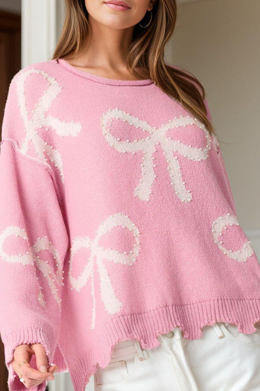 Pearl Detail Bow Round Neck Long Sleeve Sweater - Clothes For Her Online Store