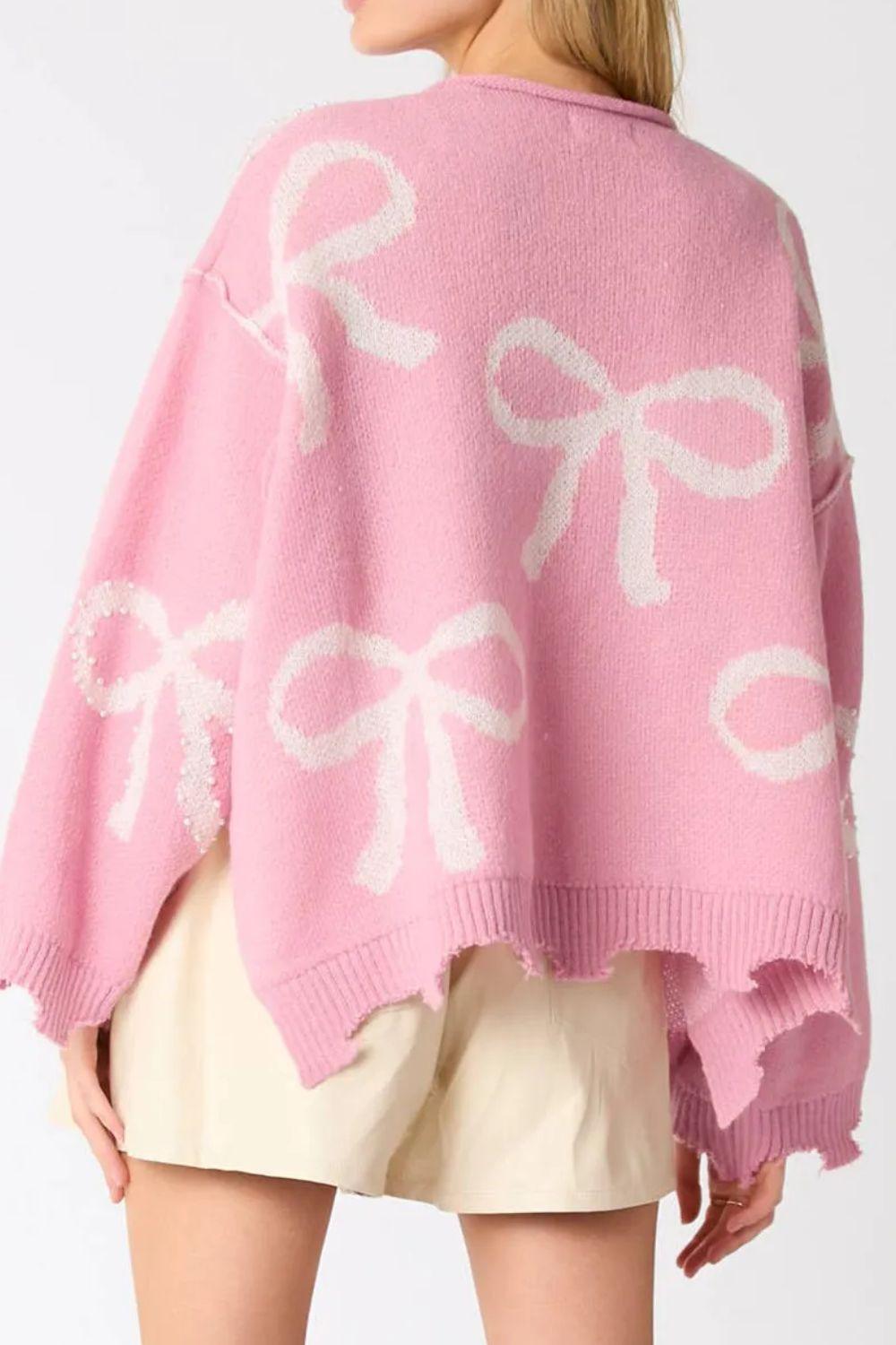 Pearl Detail Bow Round Neck Long Sleeve Sweater - Clothes For Her Online Store