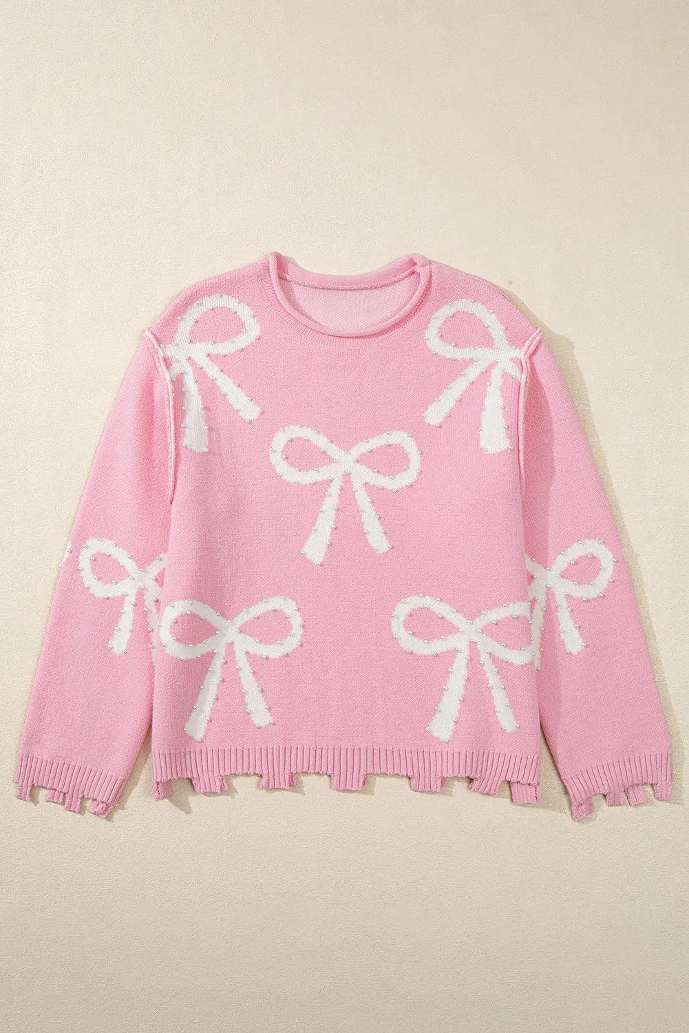 Pearl Detail Bow Round Neck Long Sleeve Sweater - Clothes For Her Online Store