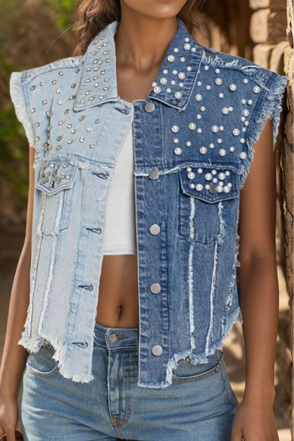 Pearl Raw Hem Sleeveless Denim Jacket - Clothes For Her Online Store