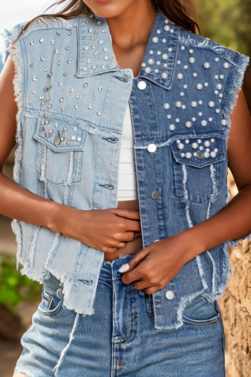 Pearl Raw Hem Sleeveless Denim Jacket - Clothes For Her Online Store