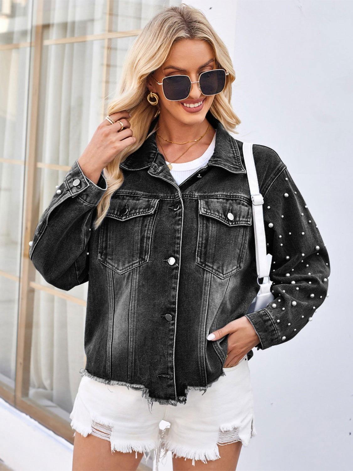 Pearl Trim Raw Hem Denim Jacket - Clothes For Her Online Store