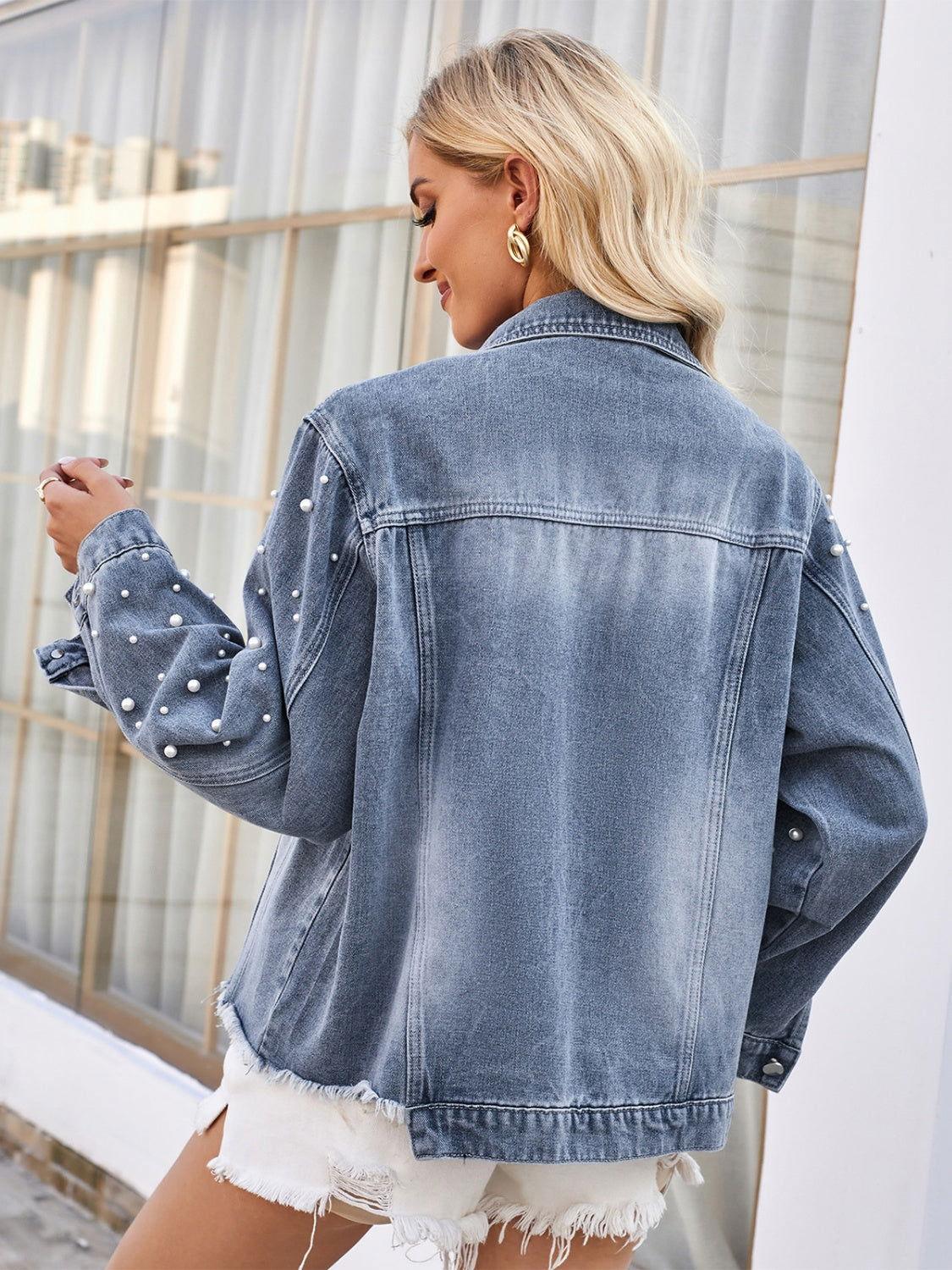 Pearl Trim Raw Hem Denim Jacket - Clothes For Her Online Store