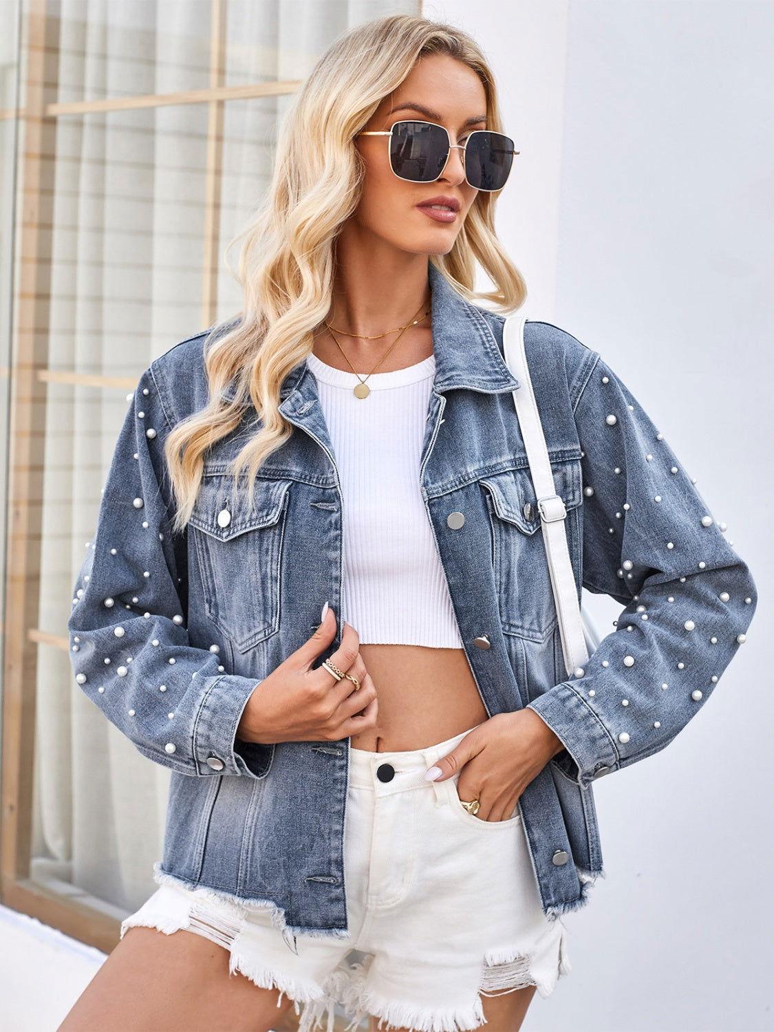 Pearl Trim Raw Hem Denim Jacket - Clothes For Her Online Store