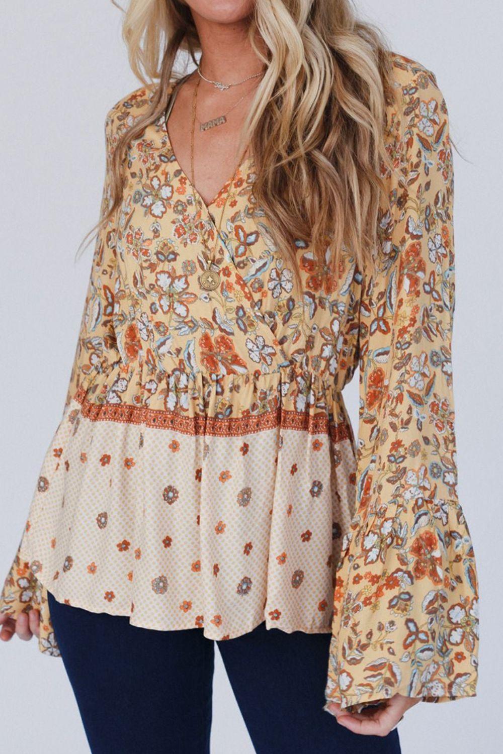 Peplum Printed Surplice Flare Sleeve Blouse - Clothes For Her Online Store