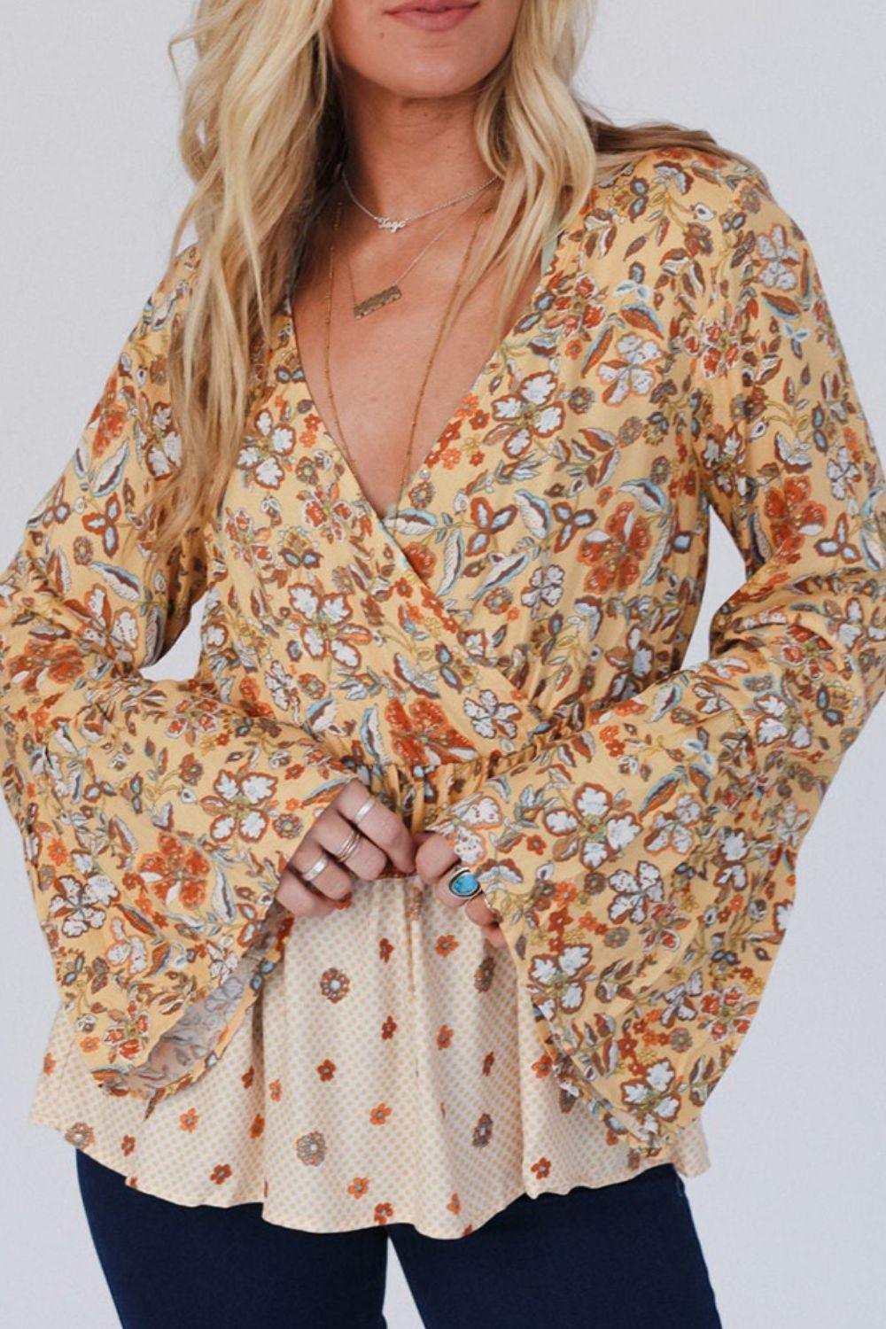 Peplum Printed Surplice Flare Sleeve Blouse - Clothes For Her Online Store