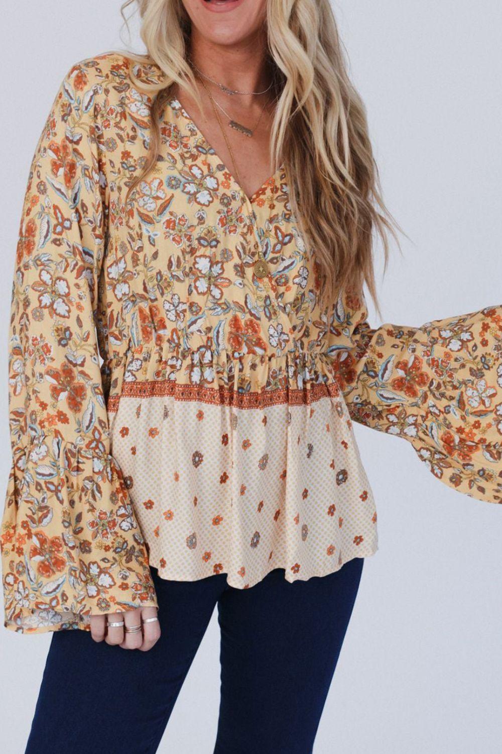 Peplum Printed Surplice Flare Sleeve Blouse - Clothes For Her Online Store