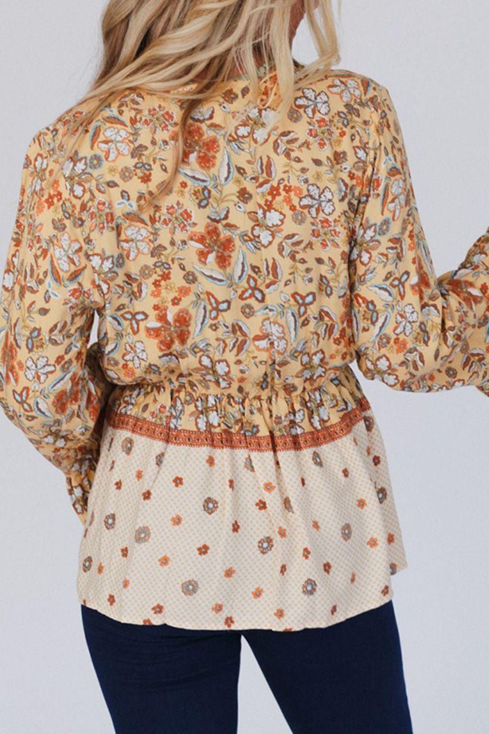 Peplum Printed Surplice Flare Sleeve Blouse - Clothes For Her Online Store