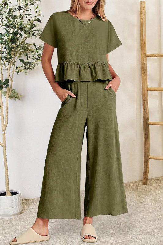 Peplum Round Neck Short Sleeve Top and Pants Set - Clothes For Her Online Store