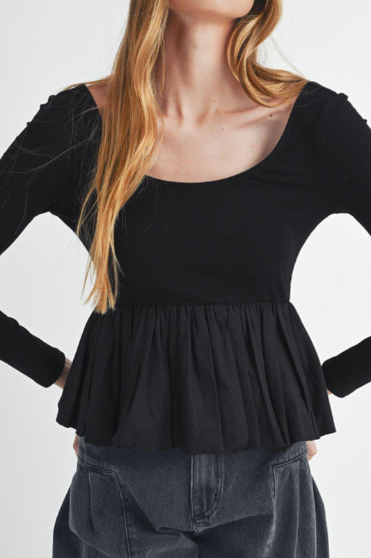 Peplum Scoop Neck Long Sleeve T-Shirt - Clothes For Her Online Store