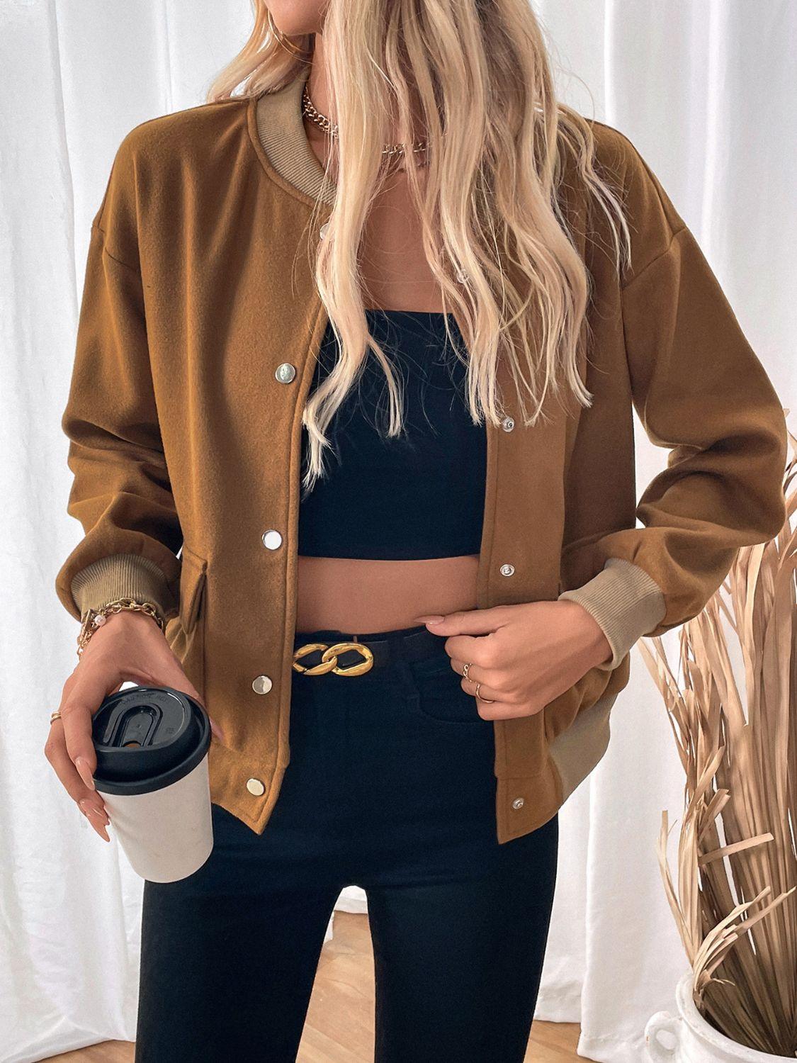 Perfee Baseball Collar Snap Down Long Sleeve Jacket - Clothes For Her Online Store