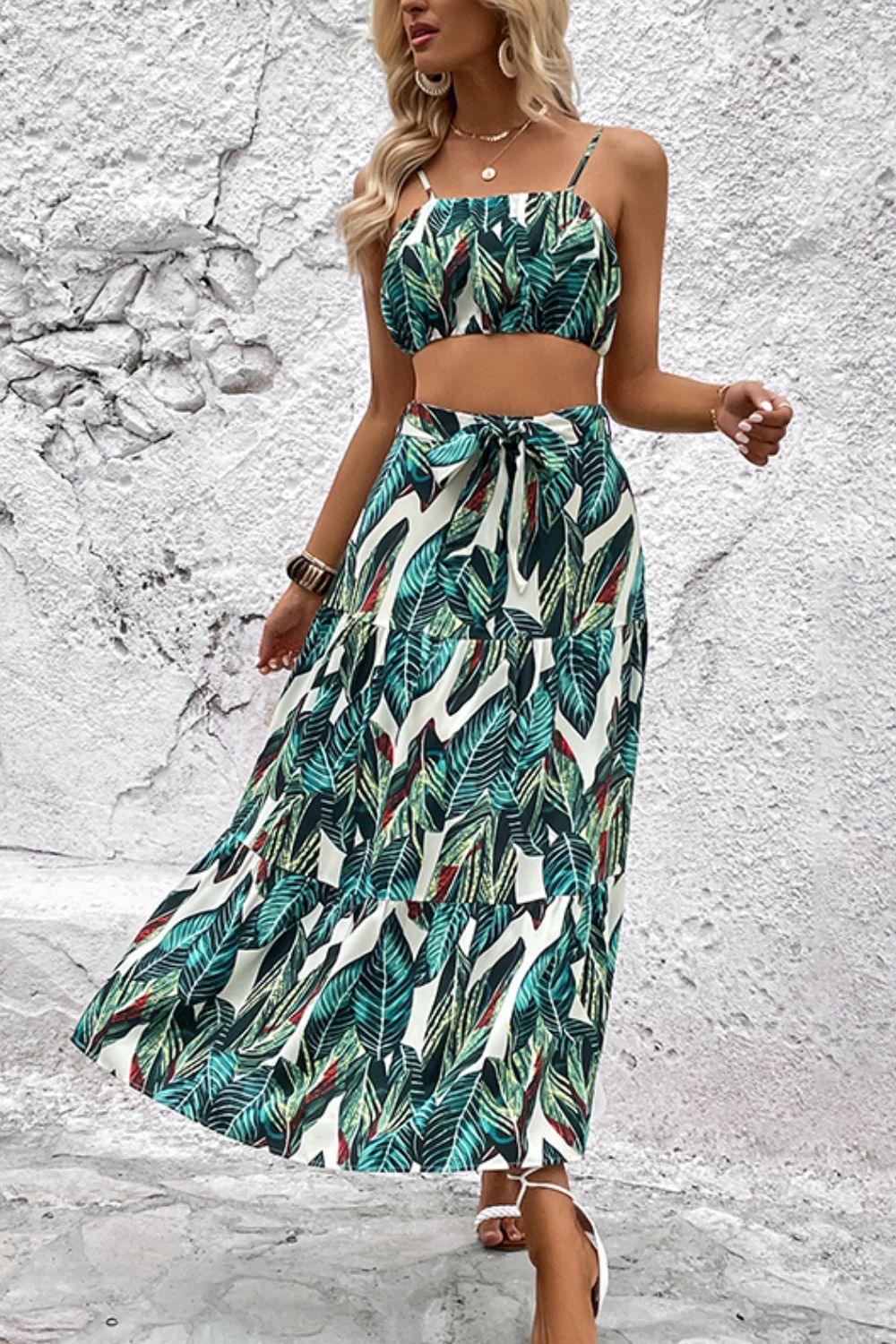 Perfee Botanical Print Cami and Tiered Skirt Set - Clothes For Her Online Store
