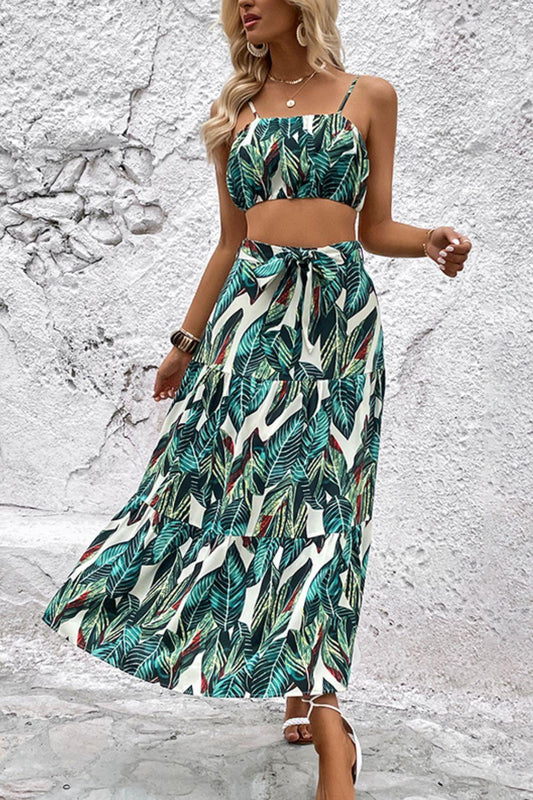 Perfee Botanical Print Cami and Tiered Skirt Set - Clothes For Her Online Store