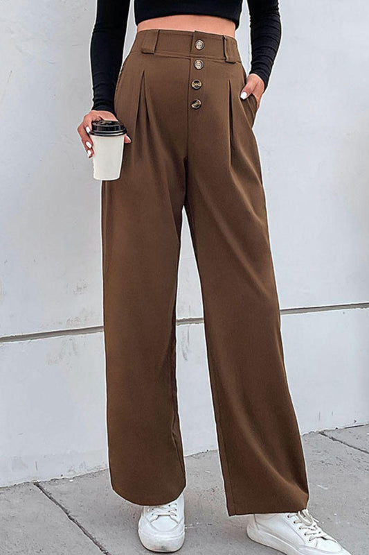 Perfee Button-Fly Pleated Waist Wide Leg Pants with Pockets - Clothes For Her Online Store
