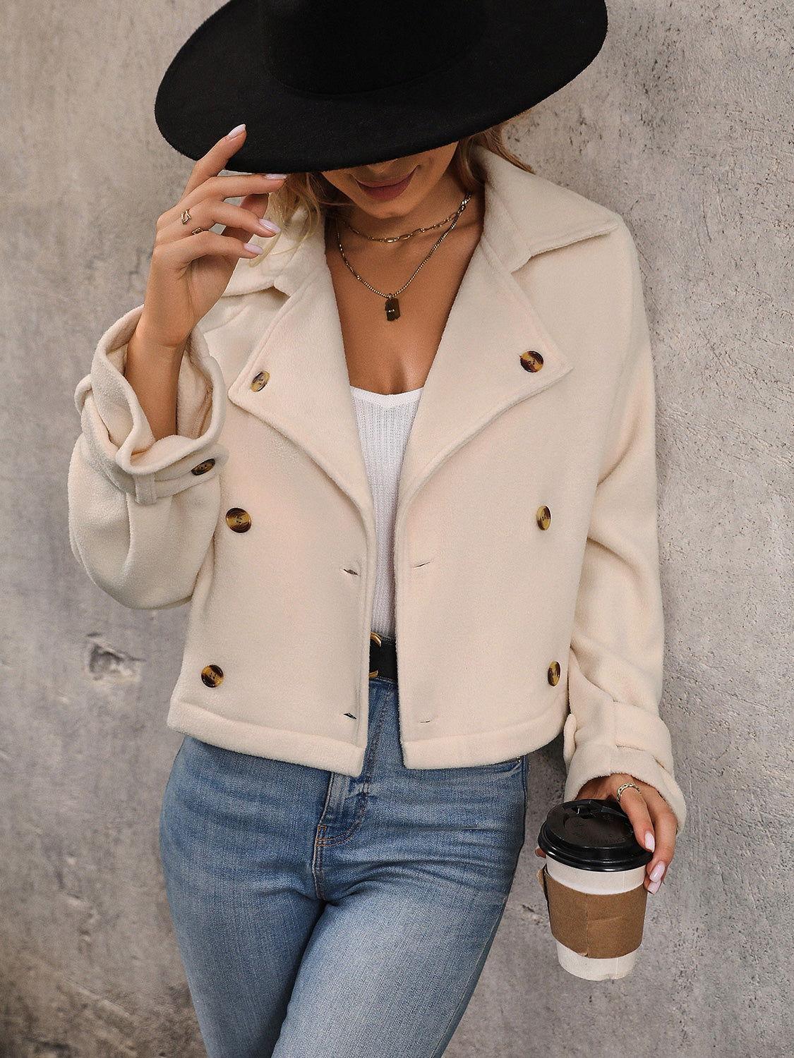 Perfee Button Up Collared Neck Long Sleeve Jacket - Clothes For Her Online Store