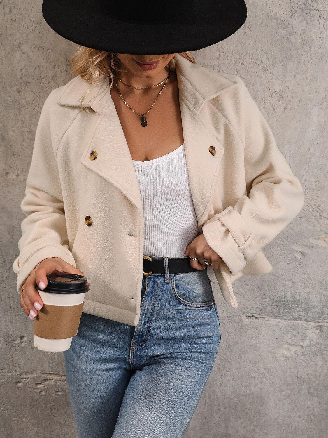 Perfee Button Up Collared Neck Long Sleeve Jacket - Clothes For Her Online Store